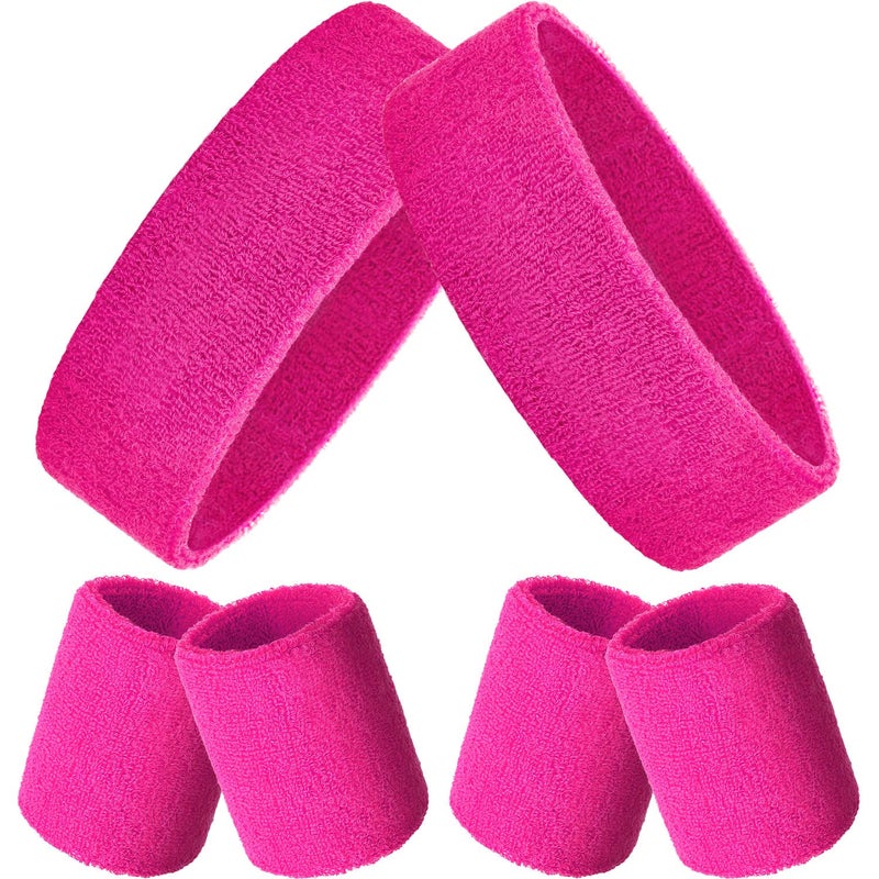 Bememo 6 Pcs Neon Sports Sweatbands Set Paris Sports Competitions Sweatbands 2 Headband 4 Wristbands Breathable Terry Cloth Athletic Bands for Basketball Tennis Costumes Cosplay(Hot Pink) - Image 1